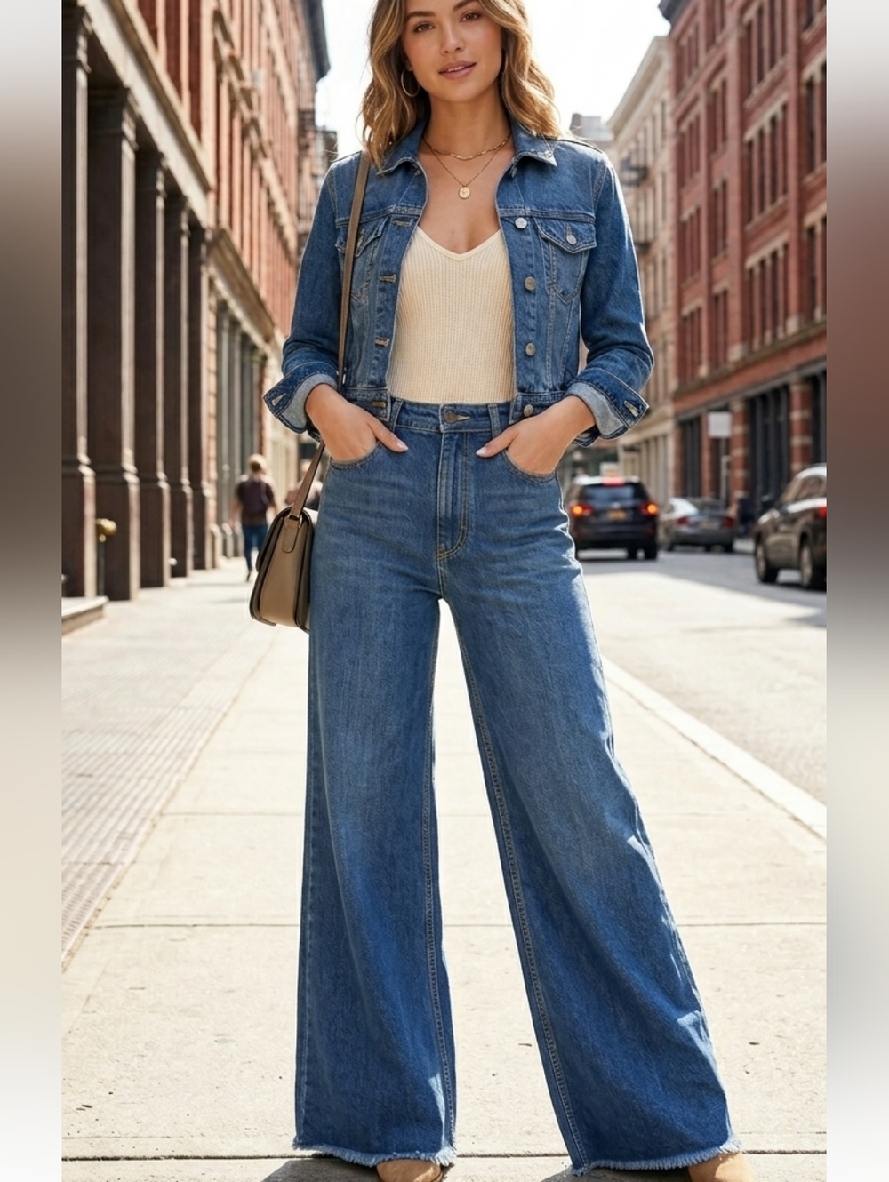 ZARA Wide Leg Jeans High Rise Blue Denim Raw Hem Women's Size 2 High Waist Chic